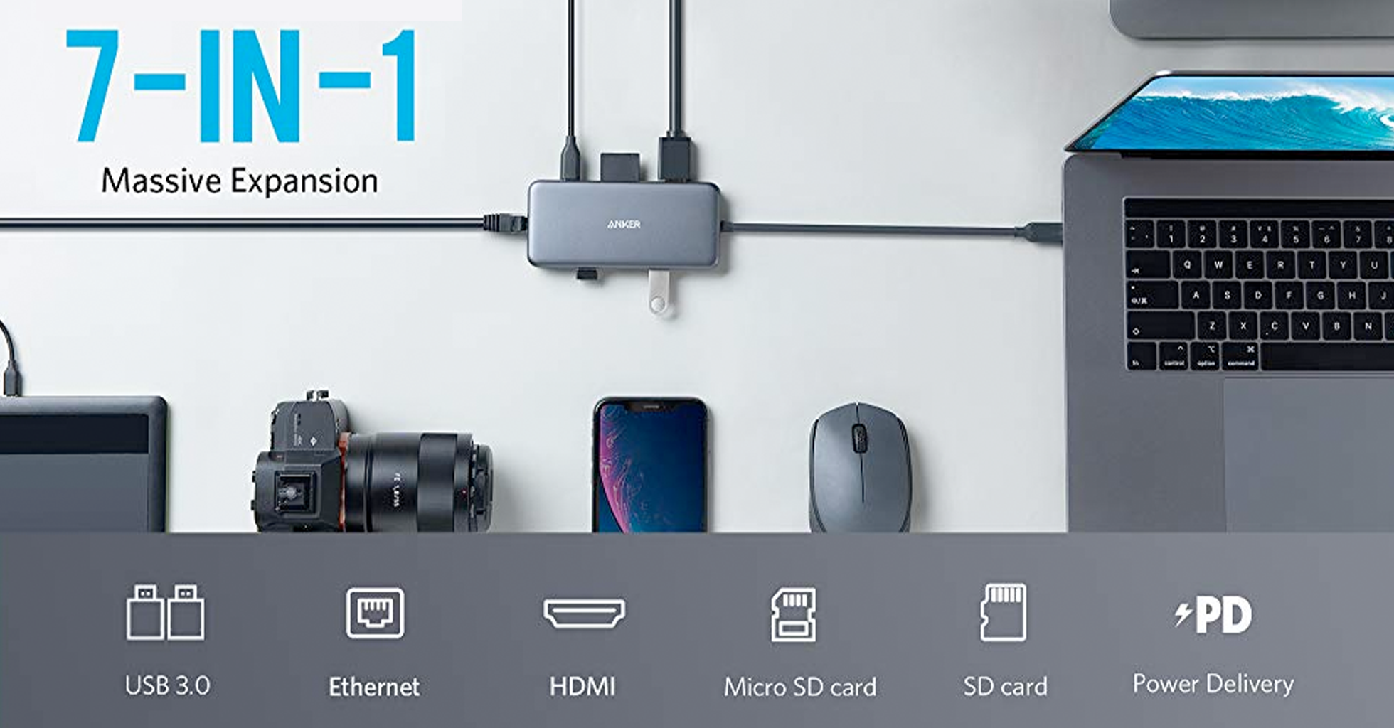 هاب 7 پورت USB-C 60W به همراه خروجی Ethernet انکر مدل PowerExpand+