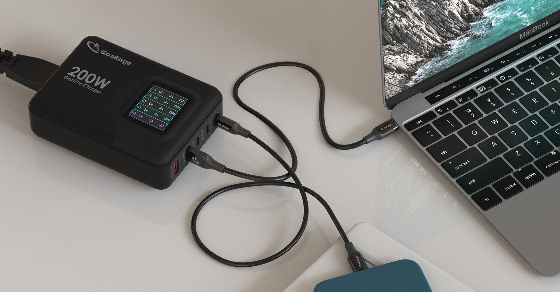 Goaltage CH07 Super-Fast Pro 200W GaN Wall Charger with LCD Digital Display, Safety Protection and Multi-Port Functionality