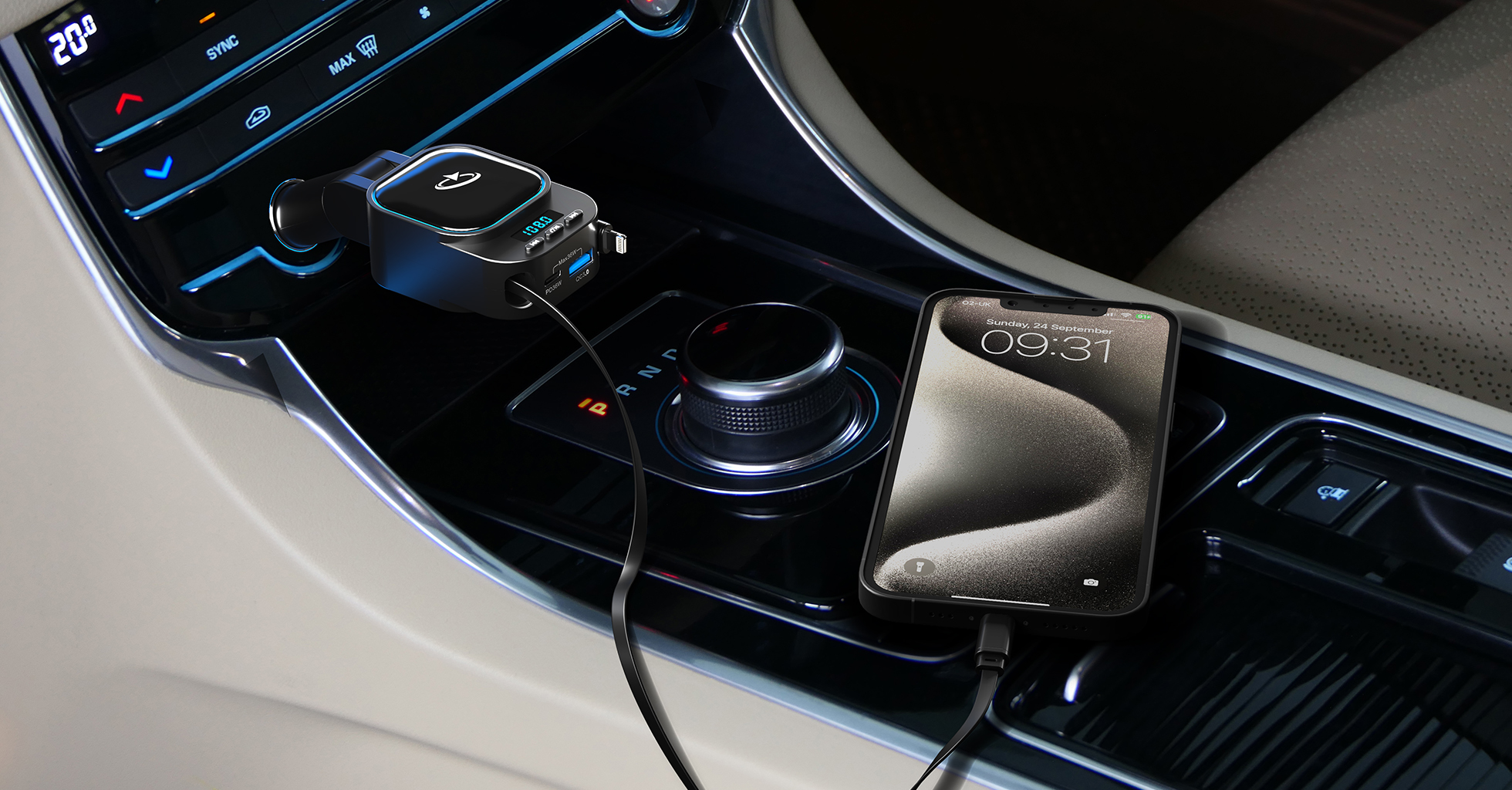 Goaltage FMTR02 PowerTune Pro Bluetooth FM Transmitter with Built-In Cables, Multi-Format Support, Safety Protection, Fast Charging, Hands-Free Calling and Wide Compatibility