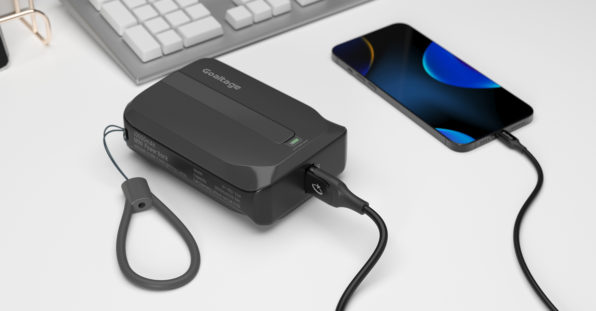 Goaltage PB01 ChargeMate 10K Power Bank 22W with Dual Built-in Cables and mini Display