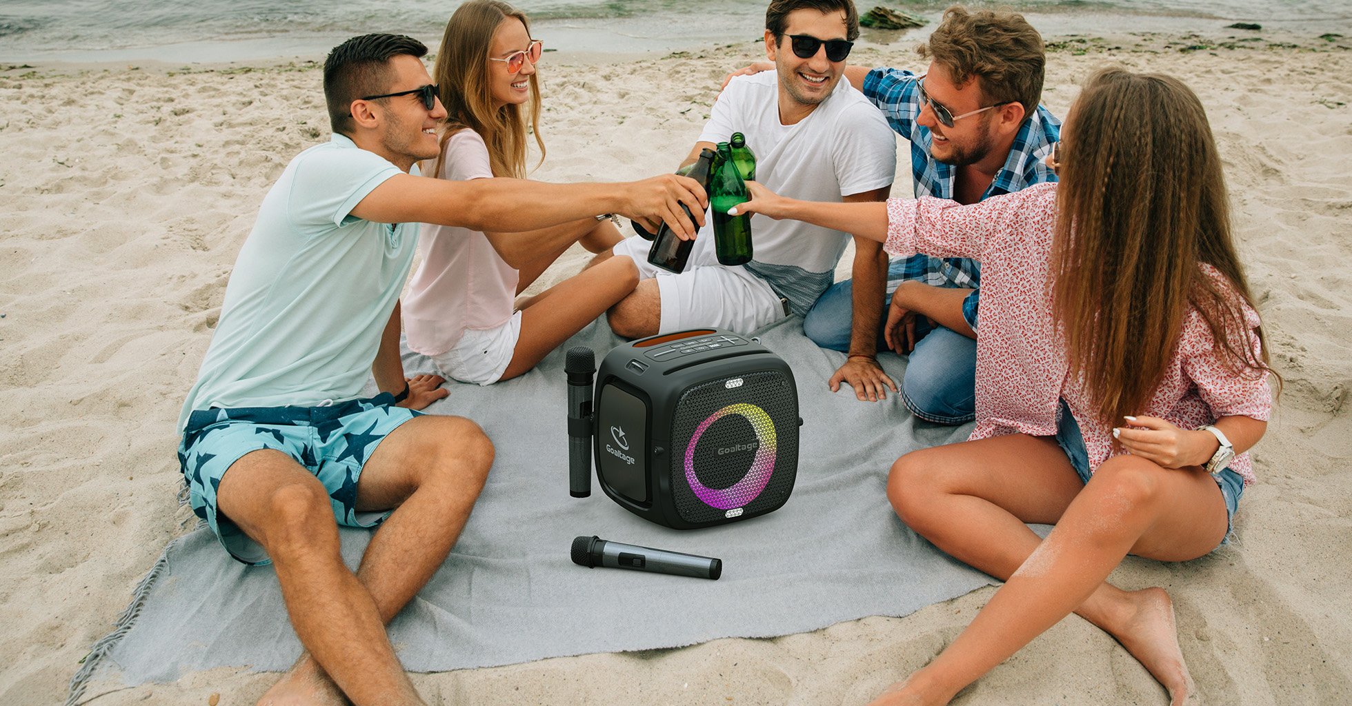 Goaltage SP06 SoundCube Portable Speaker including Two Wireless Microphones with Splash Resistant Functionality