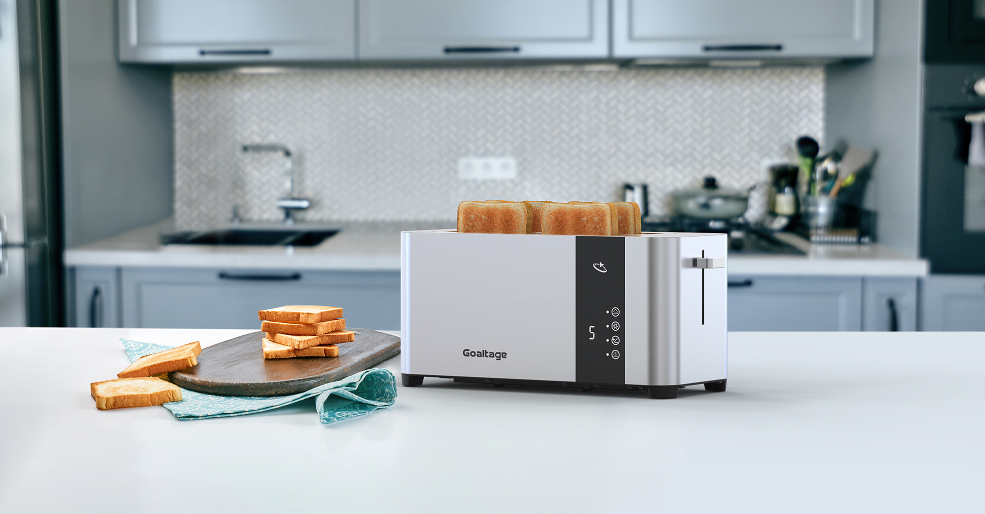 Goaltage TST01 GoldenEdge Toaster with Multiple Functions, Smart Display, Adjustable Browning Control, Two Long Slots, Cable Storage and Easy Maintenance Functionality